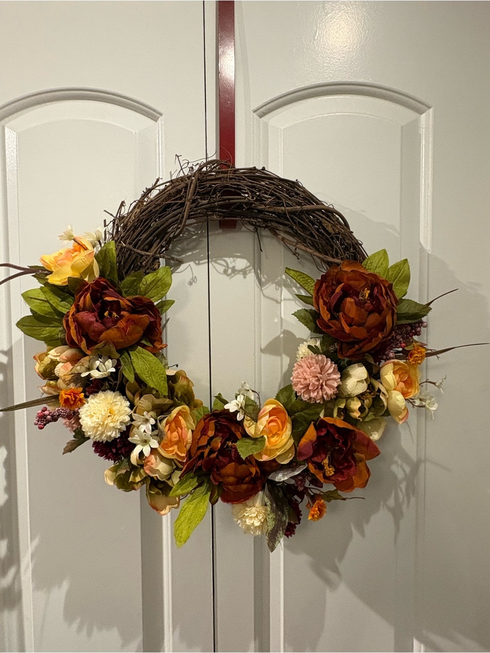 Autumn Floral Grapevine Wreath in Burgundy and Orange